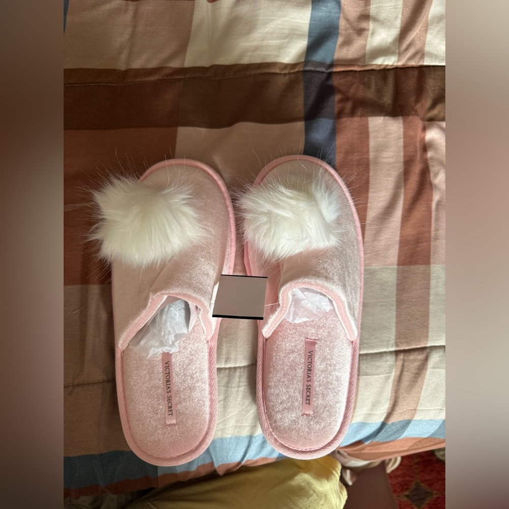 Pink Fuzzy Slippers with Pom Poms
